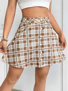 SHEIN Unity 女士格子扣式a字短裙 - 卡其色 - 查看 1
