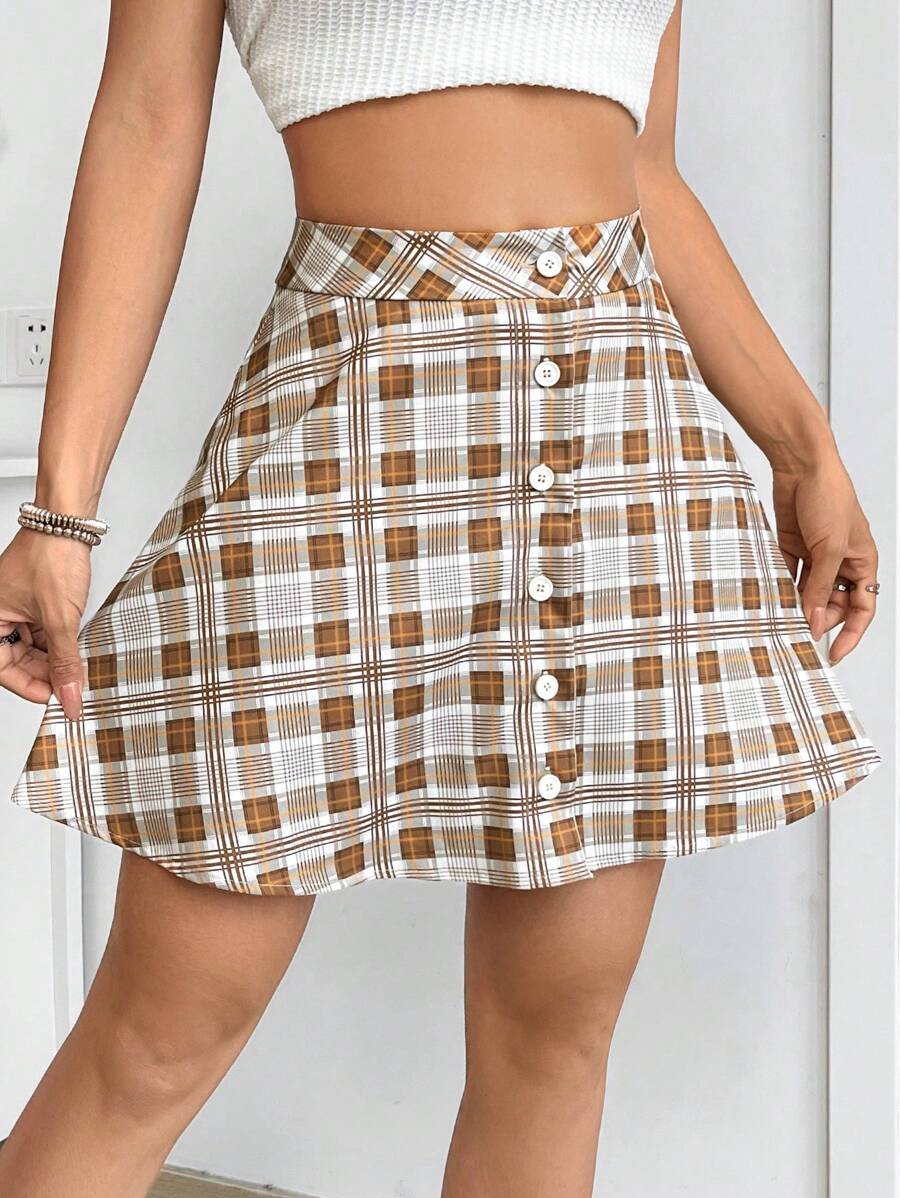 SHEIN Unity 女士格子扣式a字短裙 - 卡其色 - 查看 1