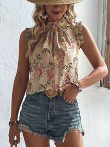 Breezaya Floral Print Keyhole Back Sleeveless Blouse - Apricot - View 3