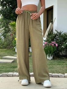 SHEIN EZwear Green Knitted Ladies' Pants With Adjustable Hems - Army Green - View 1