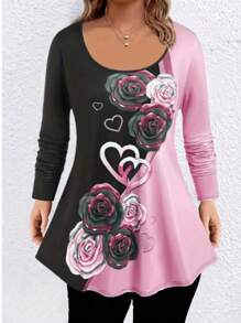 EMERY ROSE 2 件大码针织高腰 A 字喇叭裤粉色爱心和玫瑰印花套装：紧身打底裤，情人节