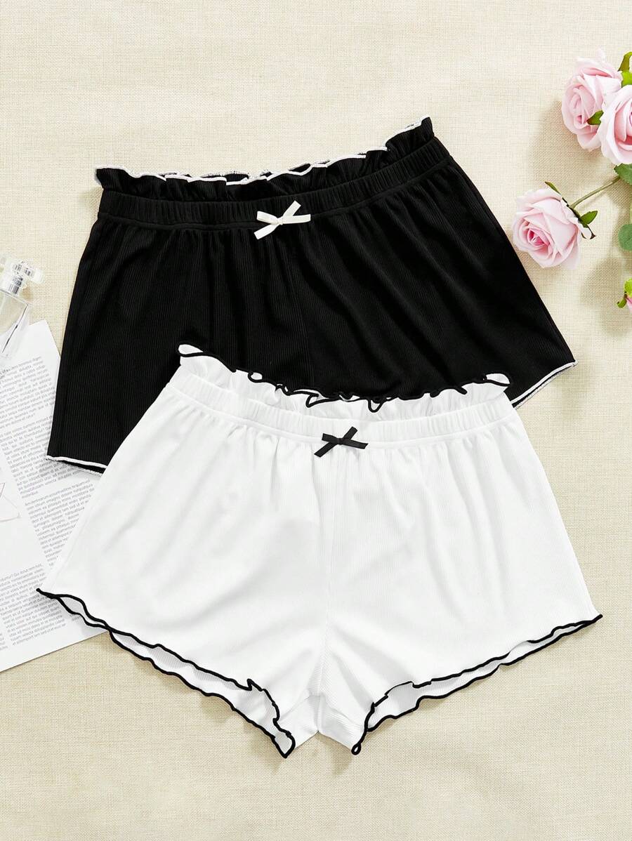 Pantalones cortos de pijama para mujer con cintura elástica de bloque de color y decoración de lazo
