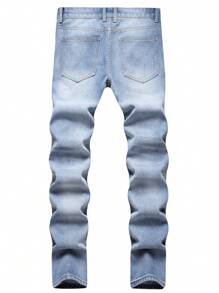 Men Ripped Frayed Bleach Wash Jeans - Light Wash - View 2