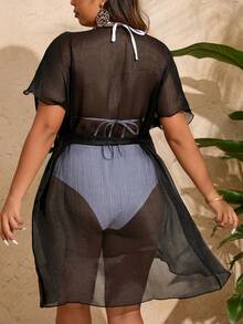 SHEIN Swim Curve 大尺碼女士生菜邊包裝設計和服連衣裙 - 黑色 - 查看 2