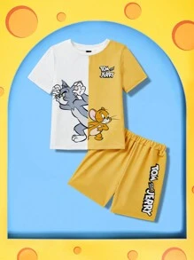 TOM & JERRY X SHEIN Young Boy Cartoon Graphic Colorblock Tee And Shorts Set - Yellow - View 1