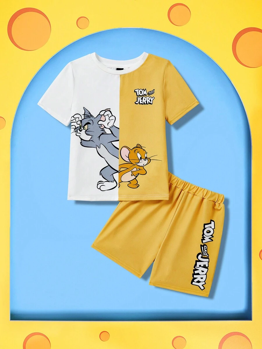 TOM & JERRY X SHEIN Young Boy Cartoon Graphic Colorblock Tee And Shorts Set - Yellow - View 1