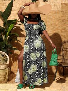 Slaydiva Robe d'été décontractée pour vacances, à encolure carrée, avec manches bouffantes, manches courtes, fente haute, imprimé vagues sur toute la surface, pour femmes - Z