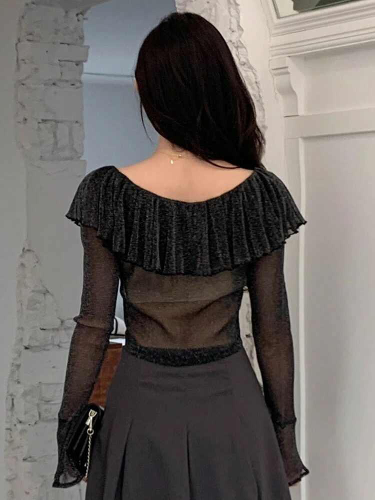 Women's Sparkling Mesh Crop Top With Ruffle Trim Sheer,Fall Clothes Long Sleeve Women Tops