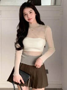 DAZY Women's Stand Collar Mesh Long Sleeve Top - White - View 3