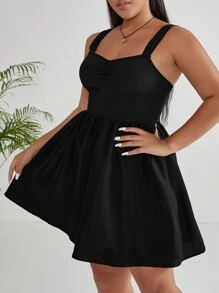 SHEIN CURVE+ Vestido Negro De Tirantes Con Costillas Fruncidas Para Mujeres De Talla Grande - Negro - Ver 5