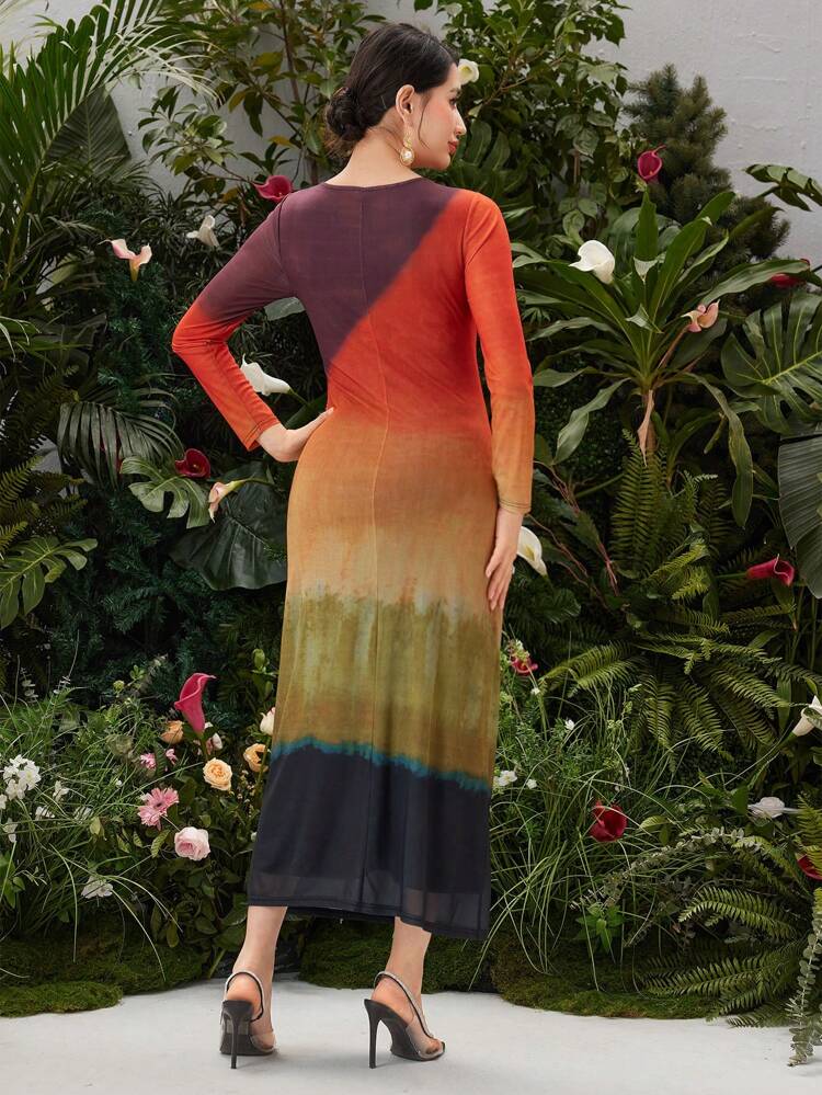 Ladies' Slim Fit Ombre Crew Neck Long Sleeve Dress Fall Cloth For Women