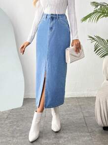 SHEIN Essnce 女性休閒中腰丹寧筒裙,配有劃破邊縫裙擺 - 中等水洗藍 - 查看 3