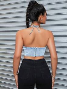 Sexy Halter Neck V-Neck Denim Top - Light Wash - View 2