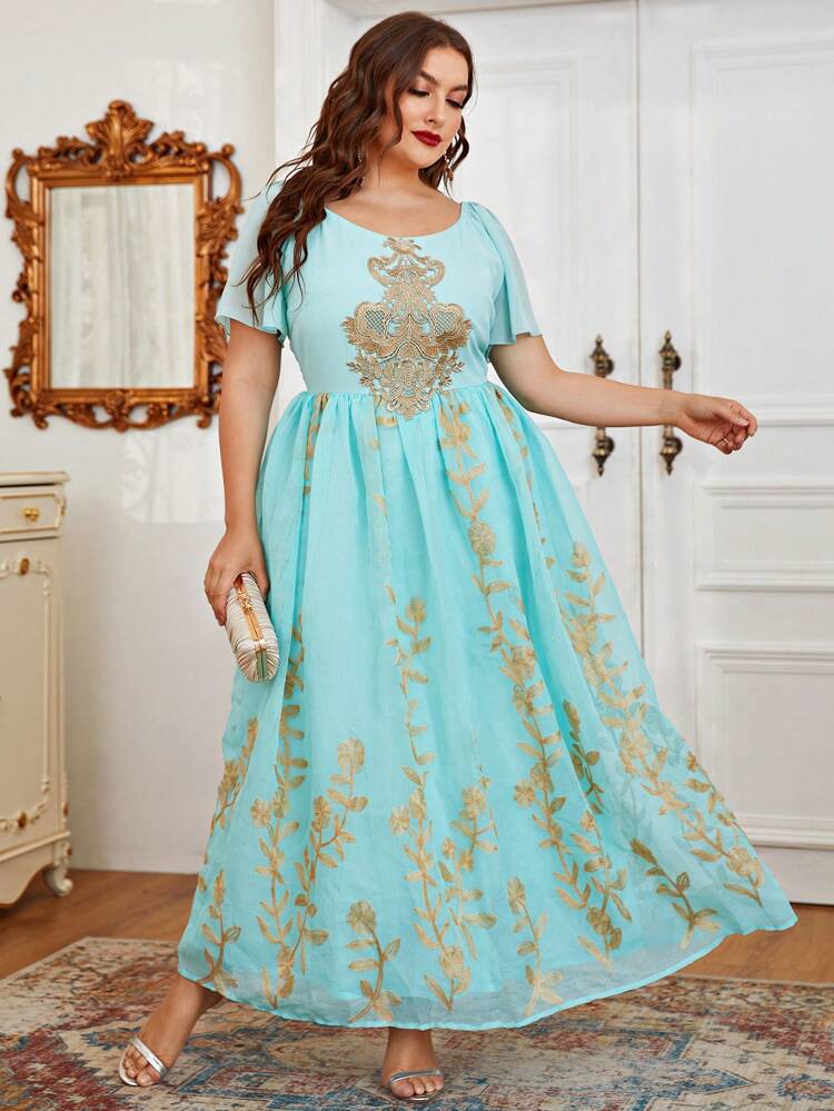 Plus Size Embroidery Detail Flare Sleeve Mesh Overlay Dress, Comfortable, Elegant, Gorgeous, And Conservative For