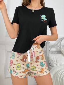 Conjunto de pijama de niño pequeño con estampado de dinosaurios, que incluye top de manga corta y pantalones cortos