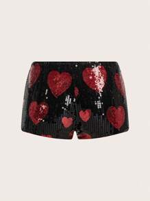 SHEIN ICON Women's Ultra-Low Waist Heart Sequin Red Mini Shorts - Black - View 2