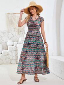GENKIRA Vintage Printed Short Sleeve Women's Dress - Multicolor - View 1