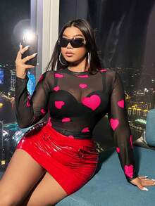 SHEIN ICON Kích thước lớn Của phụ nữ Hình trái tim Lưới trong suốt Viễn cảnh Áo - Màu Hồng Tươi - Xem 6