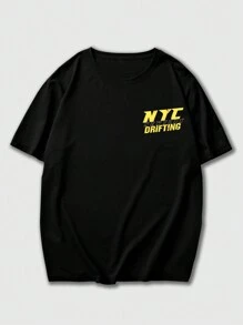 ROMWE MEN Anime 男式赛车印花落肩 T 恤，学校 - 黑色 - 查看 2
