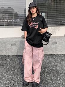 DAZY Women's Loose Fit Round Neck Short Sleeve T-Shirt With Printed Slogan And Butterfly Pattern Summer Oversized T-Shirt,Graphic Tees - Black - View 3