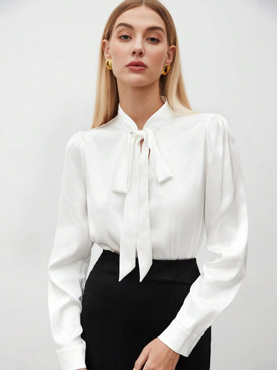 BizChic Quý cô Màu thuần Vòng cổ Cái cổ Cà vạt Áo sơ mi - trắng - Xem 1