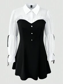 SHEIN Unity Long Sleeve Black Dress With Ruffled Trim Detail - Black and White - View 3