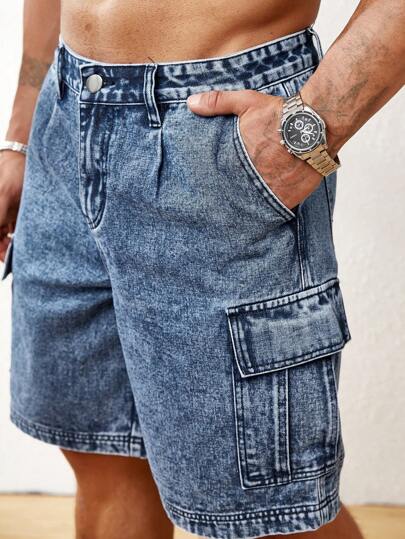 Manfinity LEGND Men's Washed Cargo Denim Shorts Plain Jorts Vacation Baggy Denim Shorts, For Husband, Boyfriend Gifts