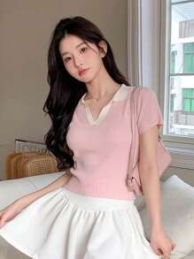 DAZY Women's Contrast Color Turn-Down Collar Short Sleeve Knitted Top,Fall Clothes,Back To School Clothes - Pink - View 3
