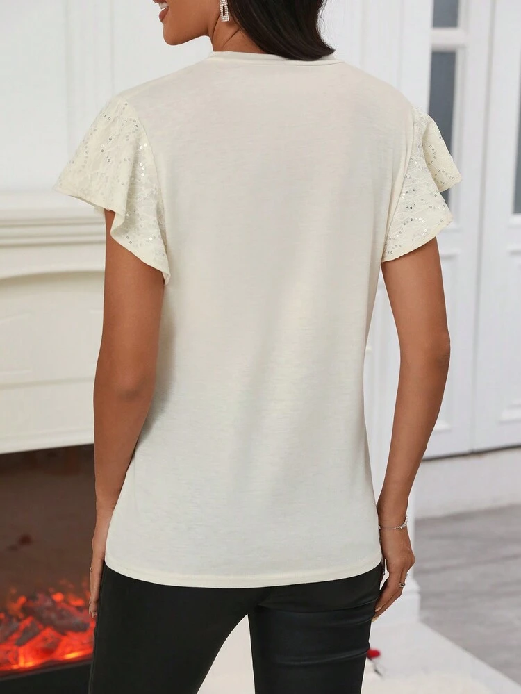 Sequin Inset Ruffle Hem Tee