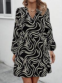 Chiquease 休閒印花燈籠袖連衣裙 - 黑色 - 查看 3