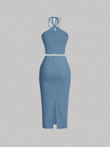 SHEIN MOD Ladies' Solid Color Fashion Halter Top And Bodycon Maxi Skirt Two Pieces Blue Set - Blue - View 2
