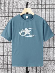 SHEIN 青少年男孩休閒寬鬆版之星星字母印花針織短袖圓領t恤 - 藍色 - 查看 1