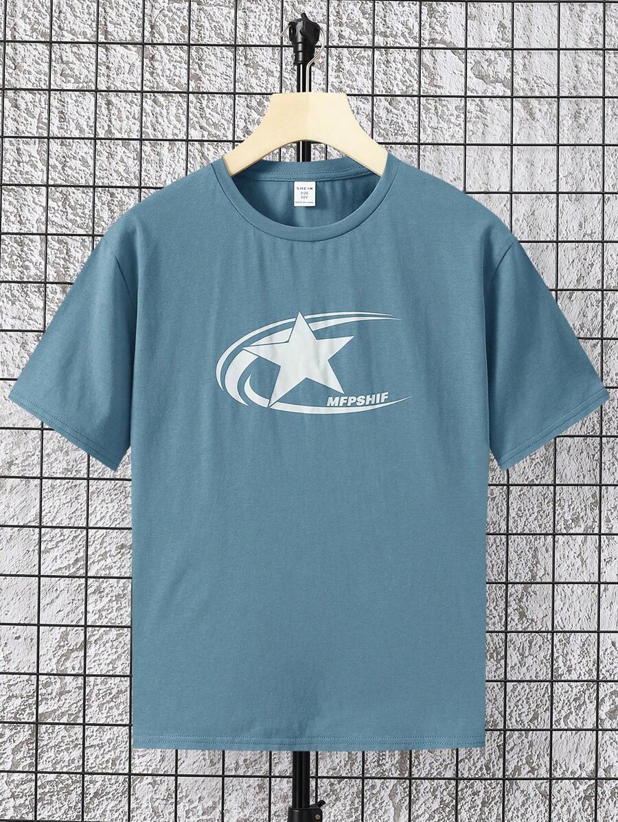 SHEIN 青少年男孩休閒寬鬆版之星星字母印花針織短袖圓領t恤 - 藍色 - 查看 1