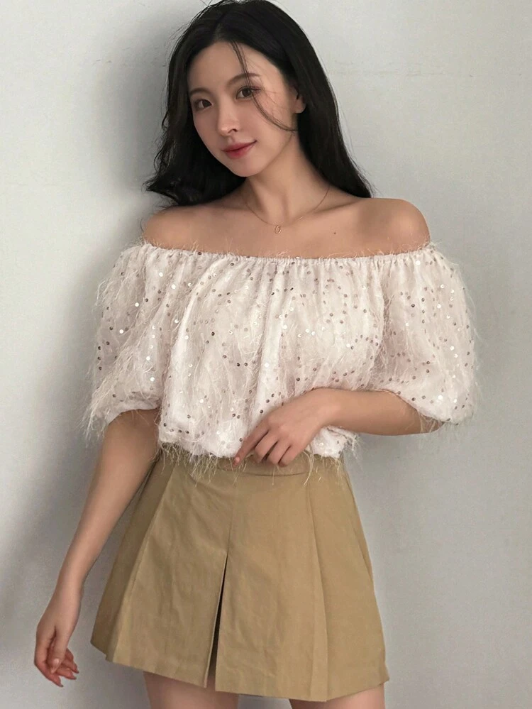 Women's Off Shoulder Sparkling Shirt,Ruffle