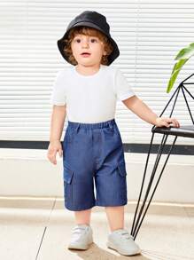 SHEIN Baby Boy's Casual Solid Color 3/4 Shorts With Tool Pockets - Teal Blue - View 4