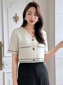 DAZY Women's Business Casual Colorblock Short Sleeve Jacket - Beige - View 7