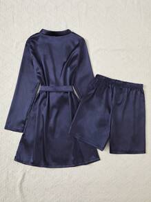Teen Boys' Navy Blue Simple & Fashionable Satin Shorts And Robe Set For Homewear - Navy Blue - View 2