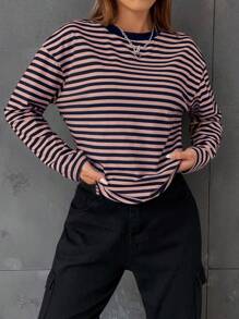 SHEIN EZwear Striped Knitted T-Shirt - Multicolor - View 3