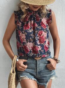Breezaya Floral Print Frill Trim Mock Neck Blouse - Navy Blue - View 6
