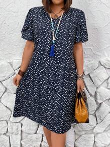EMERY ROSE 大尺碼女式愛心和波點印花短袖泡泡裙 - 藏蓝色 - 查看 3