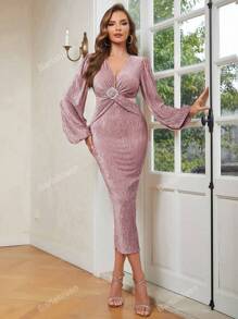 Women's Sexy Lantern Sleeve Twist Front Slit Hem Dress
