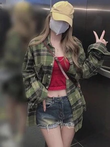 女士格子落肩长袖衬衫，休闲春季长袖上衣 - 綠色 - 查看 1