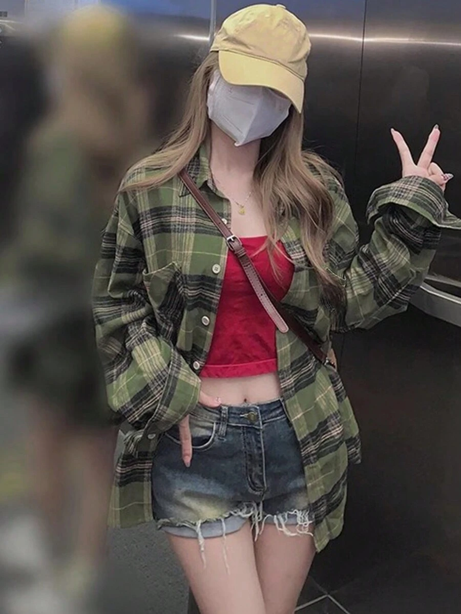 女士格子落肩长袖衬衫，休闲春季长袖上衣 - 綠色 - 查看 1