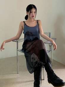 DAZY 女士透视图案网眼长款吊带裙夏季太阳裙透明休闲女士连衣裙 - 彩色 - 查看 6