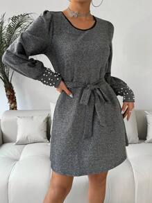 SHEIN Clasi Ladies' Long-Sleeved Dress With Gold & Silver Thread And Bubble Beads Embellishment Fall Cloth For Women - Silver - View 5