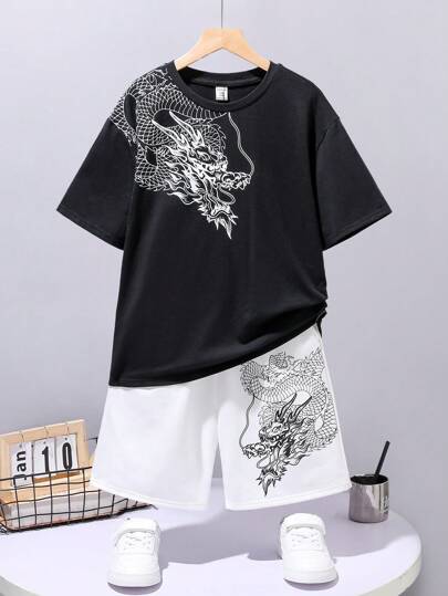 SHEIN Tween Boy Enkel Streetwear Stil Draktryck Runda Hals Stickad 2 st. Kort Ärm T-shirts Och Shorts Set