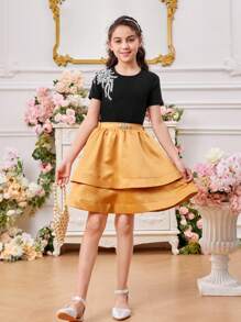 Cô gái Tween Vòng cổ Ngắn tay Áo thun Với Vai Hạt Đồ trang trí - màu đen - Xem 6