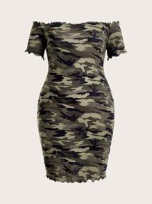 SHEIN EZwear CURVE 女士大碼迷彩印花露肩裙 - 彩色 - 查看 1