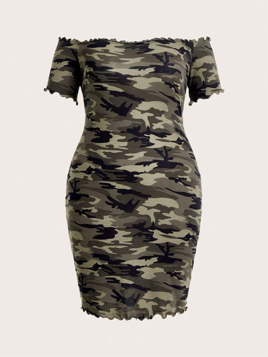 SHEIN EZwear CURVE 女士大碼迷彩印花露肩裙 - 彩色 - 查看 1