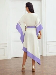 MOTF PREMIUM Gewebte Damen Stickerei Blumenmuster Farbblock Glockenärmelkleid